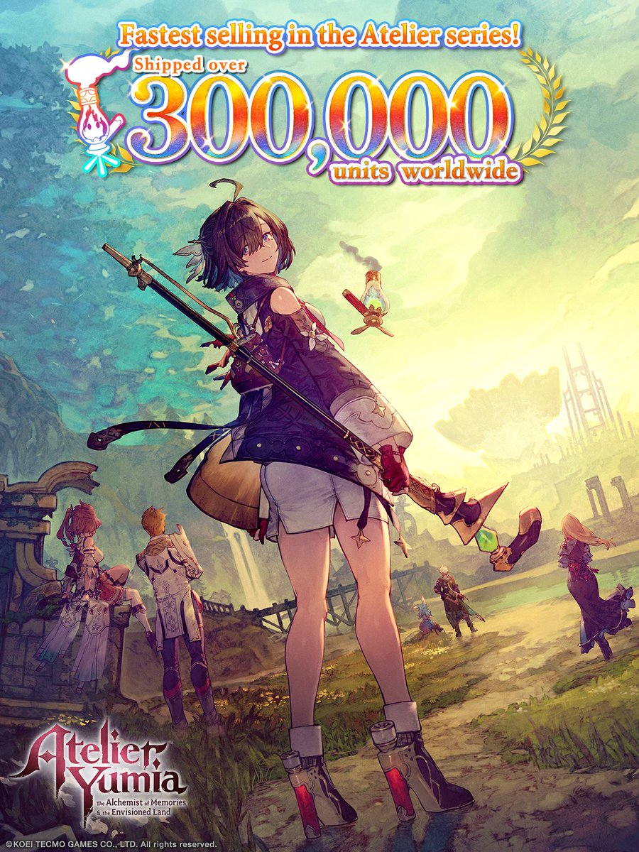 poster showing atelier yumia becoming fastest-selling game in atelier series with 300,000 copies shipped